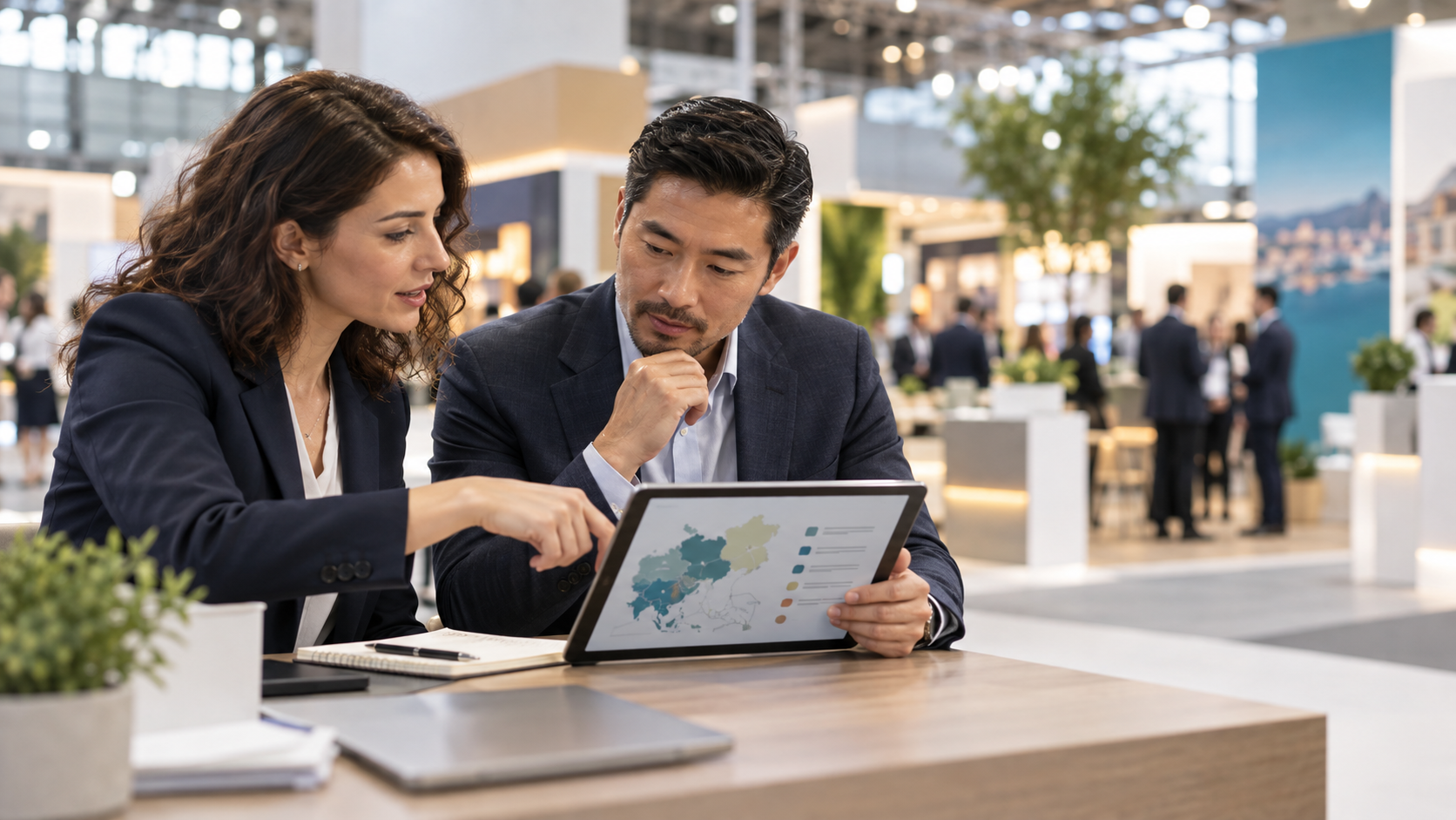 Exhibition organiser and exhibitor reviewing a market-entry plan at a trade show