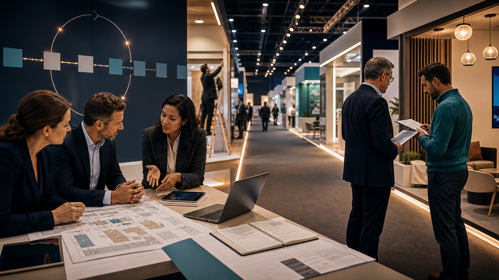 Exhibition organiser and exhibitor reviewing a rebooking plan before the show